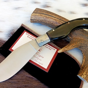 HANDMADE SARDINIAN Arburese KNIFE with wide blade, buffalo horn handle with steel core, warranty certificate and free sheath