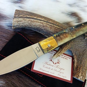 SARDINIAN ARTISAN KNIFE pattadese blade 11 cm, mouflon horn handle with steel core, with guarantee certificate and sheath