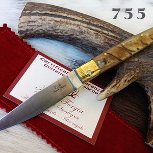 SARDINIAN PATTADESE KNIFE, semi-rustic ram horn handle with steel core, with guarantee certificate and sheath, gift idea