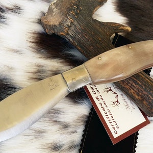 HANDCRAFTED SARDINIAN KNIFE with wide blade, ram horn handle with steel core and steel tail, + warranty and free sheath