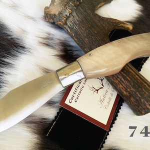HANDCRAFTED SARDINIAN KNIFE with wide blade, ram horn handle with steel core and steel tail, + warranty and free sheath