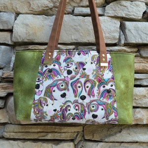 Tote/Shoulder Bag, Handbag,  Carnival,  Dog, Green, Top Zipper Closure