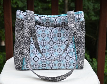 Shoulder Bag / Handbag / Top Handle / Turquoise and Black / Recessed Zipper