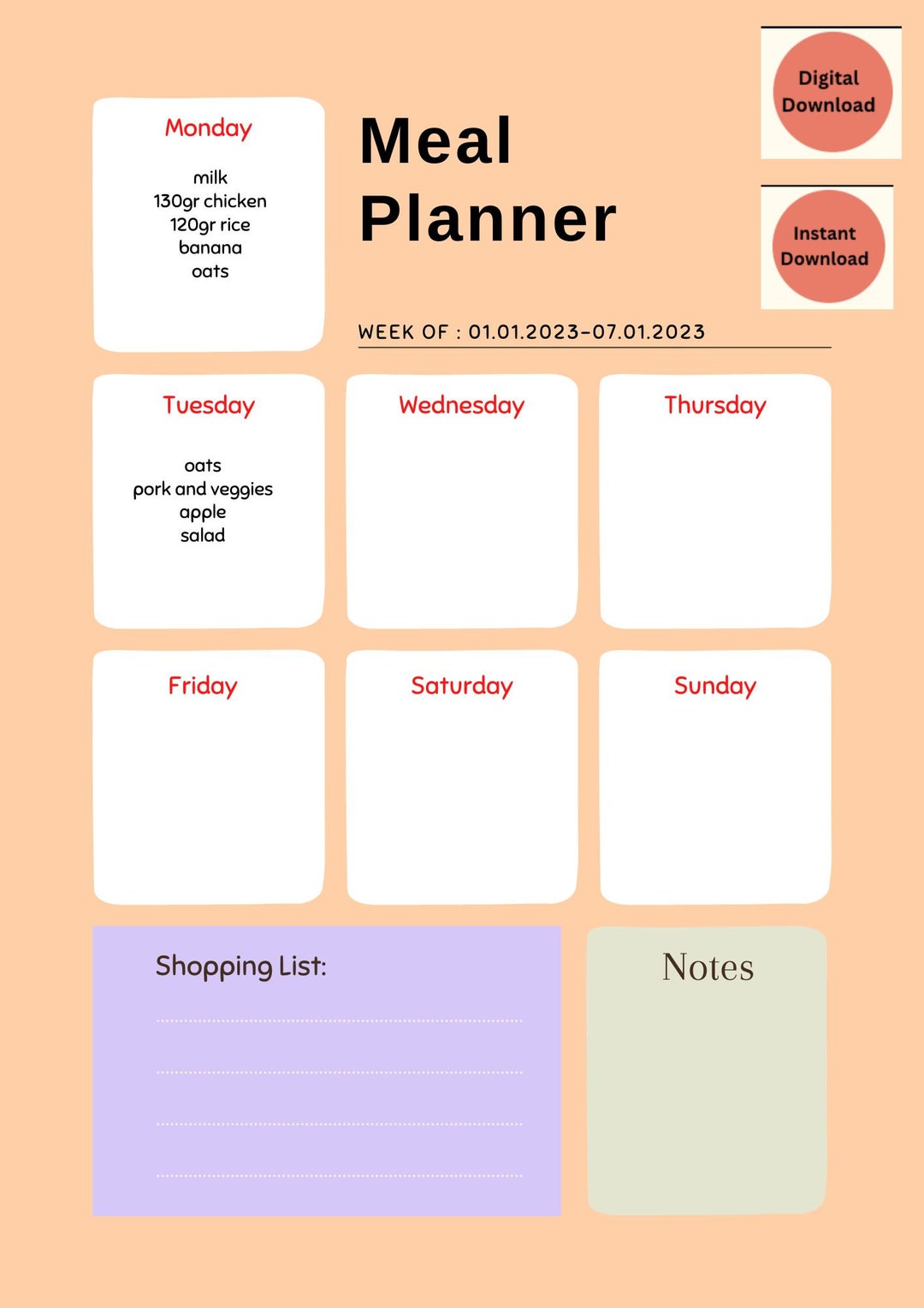 Digital Meal Planner Printable Instant Download - Etsy