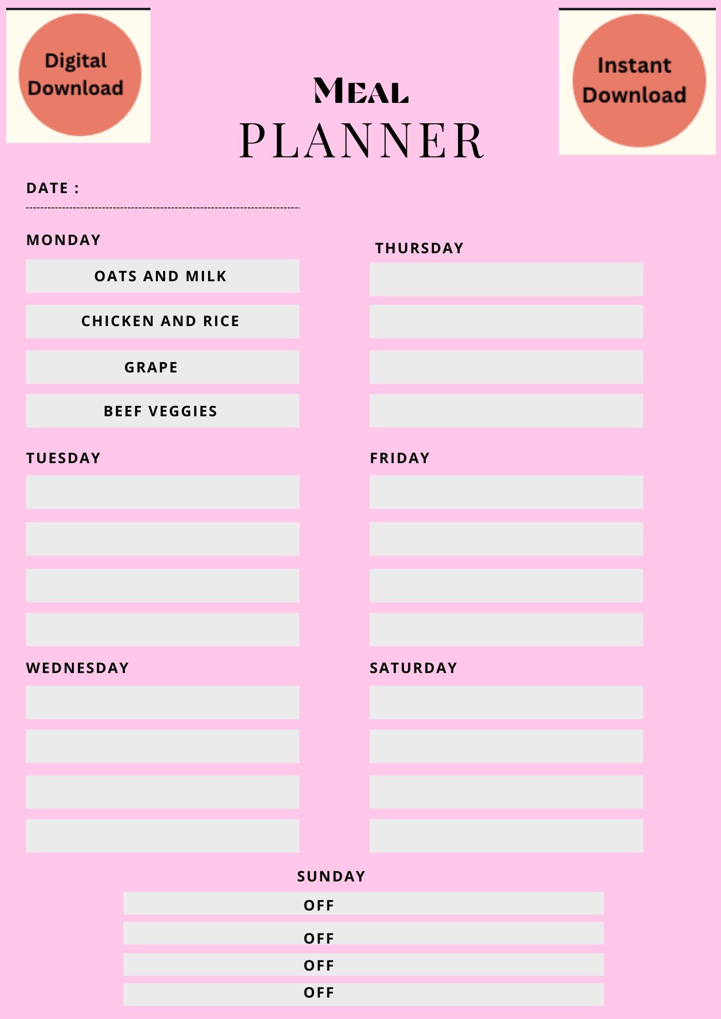 Digital Meal Planner Printable Instant Download - Etsy