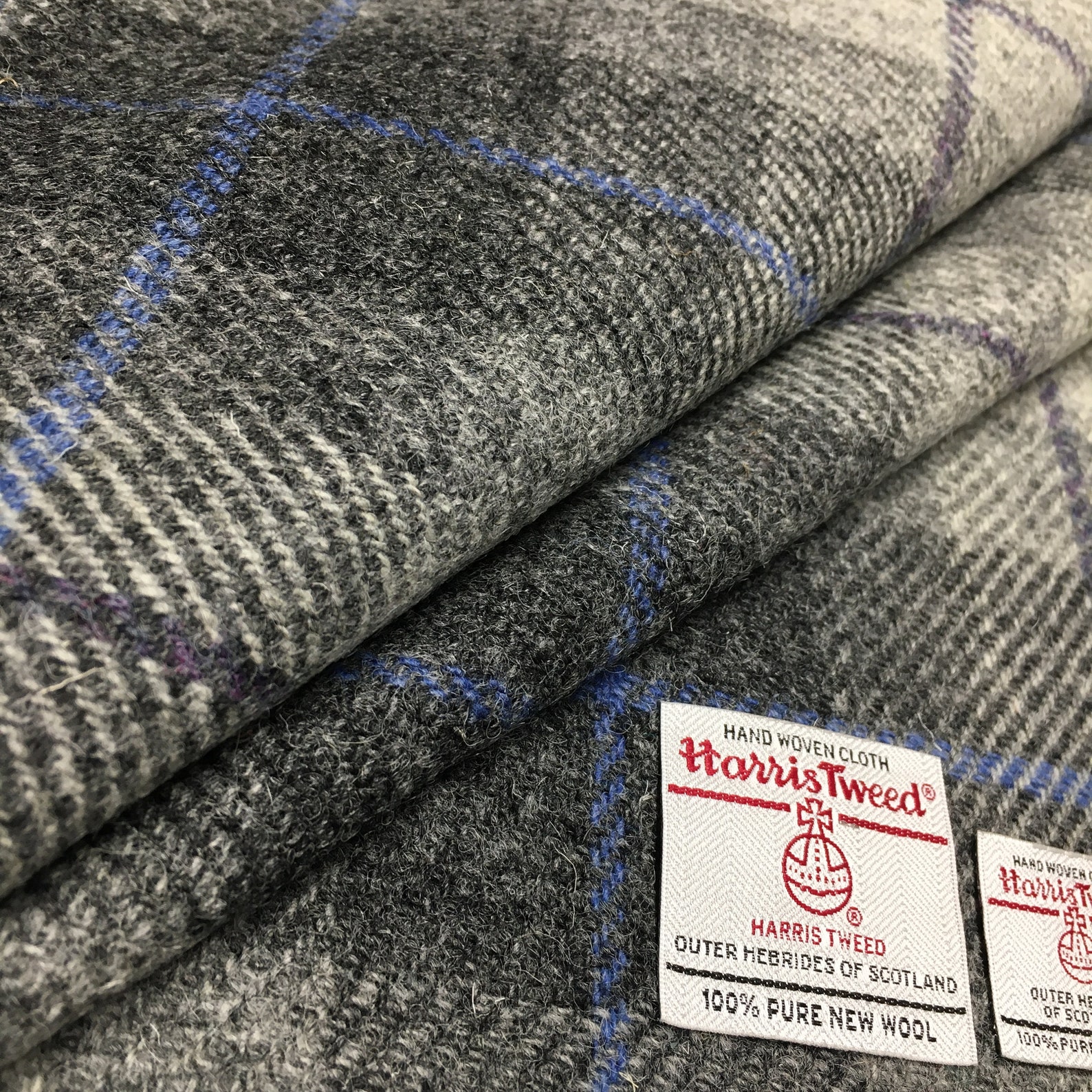 Harris Tweed Fabric, Grey Tartan With Grape & Cornflower Blue Overcheck ...