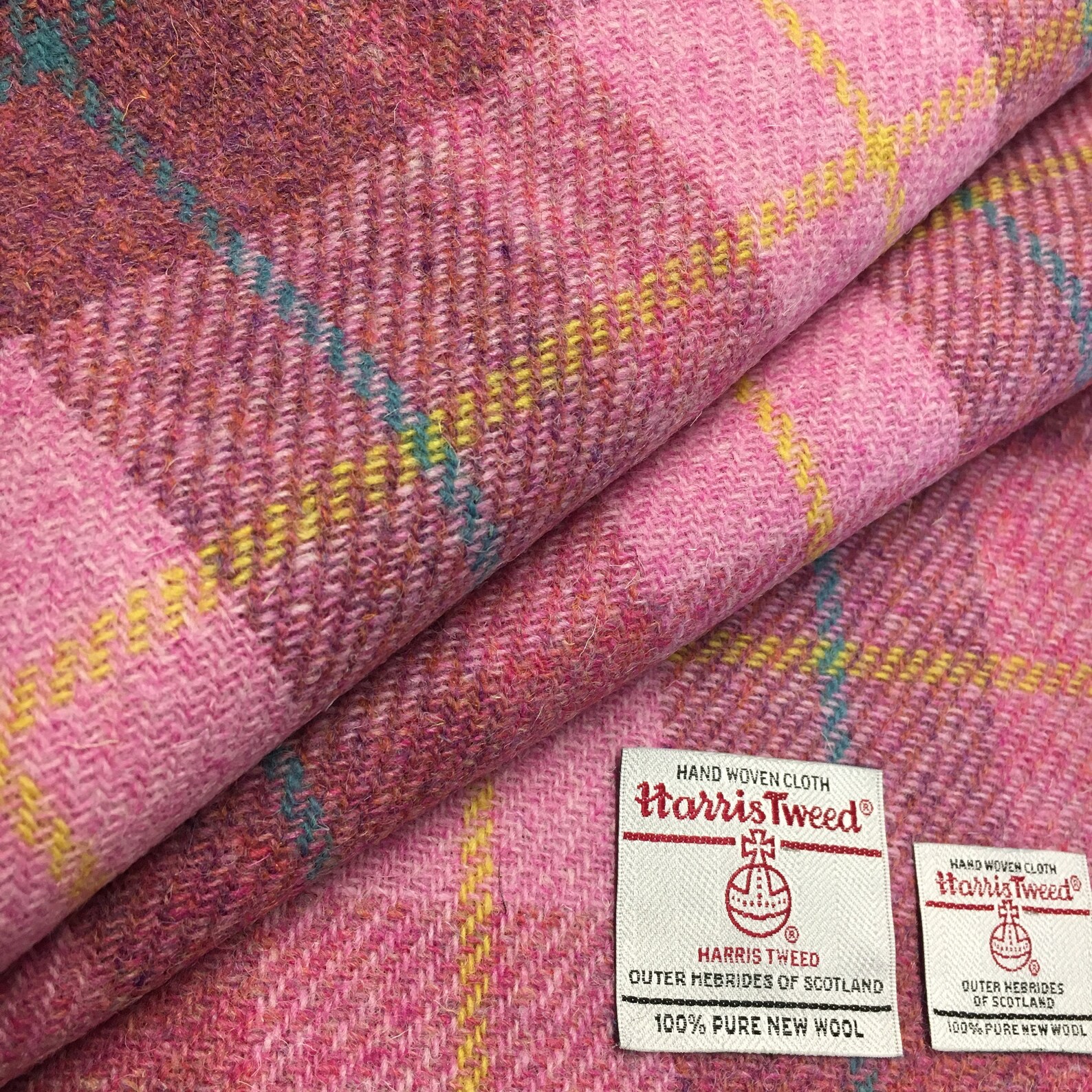 Harris Tweed Fabric Blush Pink Tartan With Yellow & Aqua | Etsy