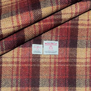 Harris Tweed Fabric, Wine Red, Raspberry Rust, & Caramel Herringbone Check, 100% Wool, Cloth, Material, With Authenticity Labels