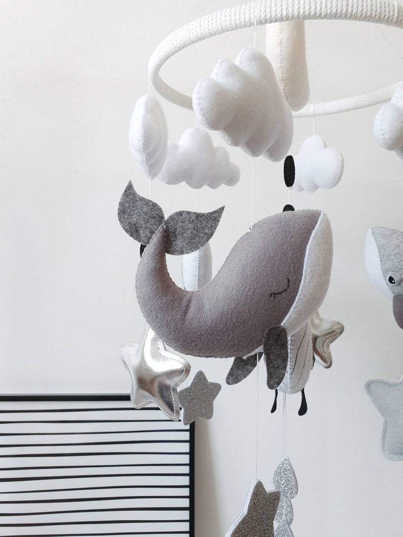 Baby mobile whale Crib mobile ocean Newborn mobile whales Gray Etsy