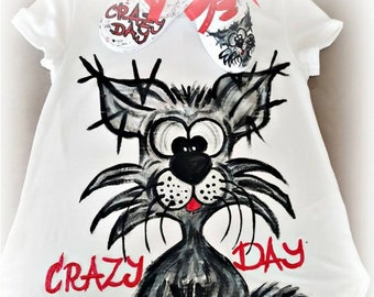 Hand-Painted Crazy Cat Set: T-Shirt & Sneakers, Funny Art