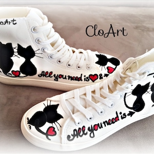 Painted sneakers with black cats, Cats canvas sneakers, Cats lovers shoes, Custom cats sneakers, Customized cats shoes for her, Art shoes