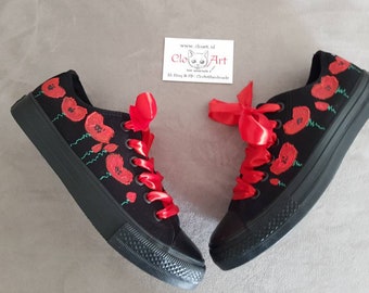 Painted red poppies black tie sneakers, Poppies painted shoes, Painted flowers sneakers, Love flowers shoes, Love poppy gift, Red art poppy