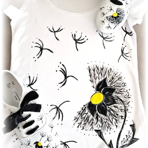 Dandelion hand painted t-shirt, Dandelion top, Flowers t-shirt, Custom dandelion t-shirt, Make a wish gift, Flower lovers gift, Art t-shirt