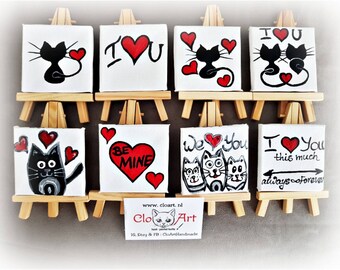 Miniature love painting, mini love art, small canvas cats, Valentine&#39;s gift, love gift, original paintings, cats painting, love painting