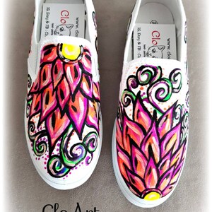 Neon abstract painted slip ons, Painted abstract sneakers, Painted colorful shoes, Mandala style shoes, Neon flowers slip ons, Floral shoes