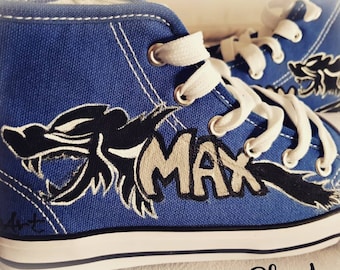 Hand-Painted Wolf Sneakers, Personalized Name Shoes, Animal Lover Gift