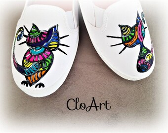 Tênis slip-on com estampa de gato pintada à mão, calçados artísticos e coloridos
