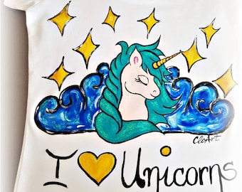 Hand Painted Unicorn T-Shirt, Custom Cotton Top