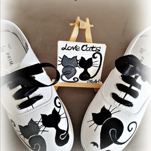Painted Sneakers with Cats, Cats Sneakers, Painted Shoes, Art shoes with black cats, Customized shoes with cats, Cats Lovers sneakers