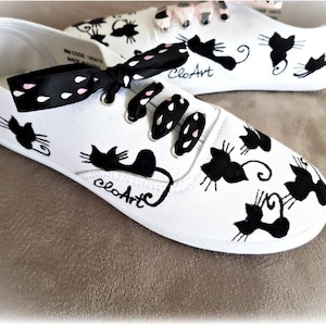 Painted cats sneakers, black cats canvas shoes, cat lovers gift, women gift with cats, love cats shoes, customized shoes, good luck gift