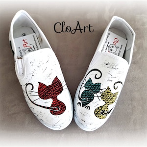 Painted cats slip on, Cat lovers slip on, Painted black cats sneakers,  Cat lovers gift, women gift with cats, Custom cats shoes