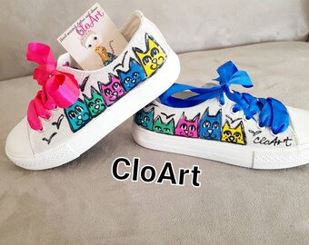 Tênis de gato pintados à mão, sapatos personalizados e coloridos