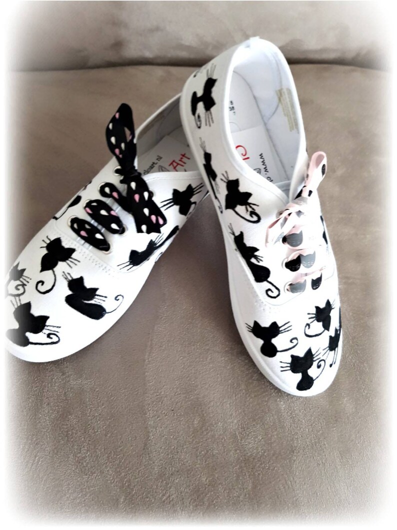 Painted Cats Sneakers Black Cats Canvas Shoes Cat Lovers Etsy