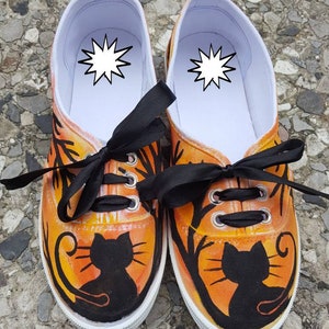 Black cats custom shoes, Black cats sneakers, Orange canvas shoes, Love cats gift, Cats lovers gift, Summer canvas shoes, Animal lovers gift