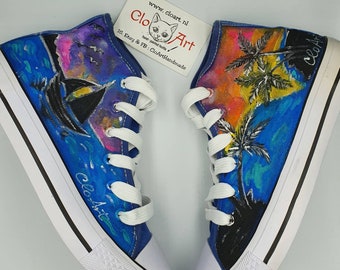 Handgemalte romantische Meer High Top Turnschuhe, Blaue Meer gemalt Turnschuhe, Liebe See Schuhe, Reise Turnschuhe, Romantisches Geschenk, Sonnenuntergang Turnschuhe