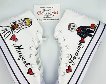 Custom bruiloft hoge sneakers, portret bruidsschoenen