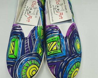 Hand painted abstract slip on, Neon slip on,  Abstract purple shoes, Geometric paint, Neon green sneakers, Custom design, size EU 37, US 6