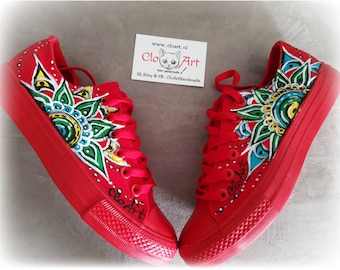 Mandala painted red tie sneakers, Colorful mandalas shoes, Red tie sneakers, Love mandalas gift,  Customised sneakers, Painted red sneakers