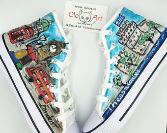 Hand painted traveling hi tops, London custom shoes, Greece painted sneakers, Travel lovers sneakers, City&#39;s sneakers,  Thessaloniki, London