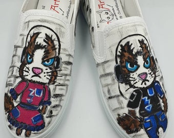 Painted slip-on with funny cats, Monday morning mood, Painted funny sneakers, Love cats sneakers, Funny art slip-on, Monday mood funny gift