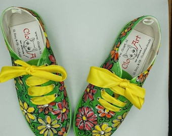 Hand-Painted Floral Sneakers, Green Summer Tie Shoes