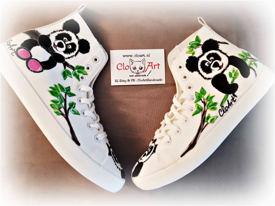 Painted Panda Sneakers, Cute Pandas Hi Tops, Customized Pandas Shoes