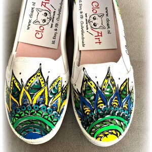 Painted mandalas slip ons, Green mandalas shoes, Painted green, yellow, blue slip ons, Custom slip-on, Mandala gift for her, Green shoes