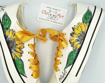 Sunflowers tie sneakers, Painted Sunflowers shoes, Flowers sneakers, white tie sneakers, Sunflowers gift for her, Custom flowers shoes, Art