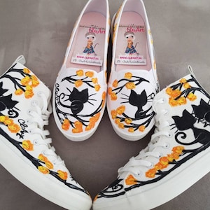 Painted Cats Sneakers, Painted Shoes,  Cats Shoes, Black Cats Sneakers, Custom orange Shoes, Gift for her, Personalized sneakers,