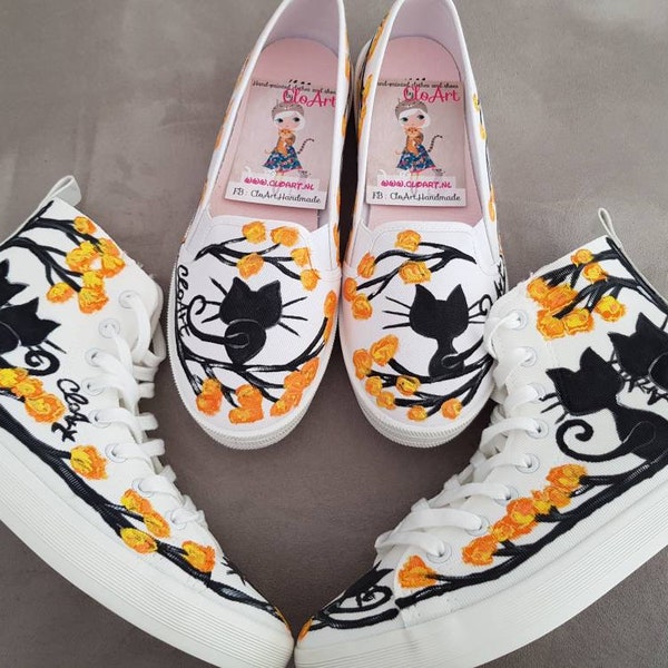 Painted Cats Sneakers, Painted Shoes, Cats Shoes, Black Cats Sneakers, Custom Orange Shoes, Cadeau pour elle, Baskets personnalisées,