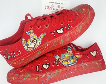 Ily tie sneakers, Love you shoes, Red tie sneakers, Ily sign shoes, Sign language, Love you gift, custom Ily shoes, custom Asl gift