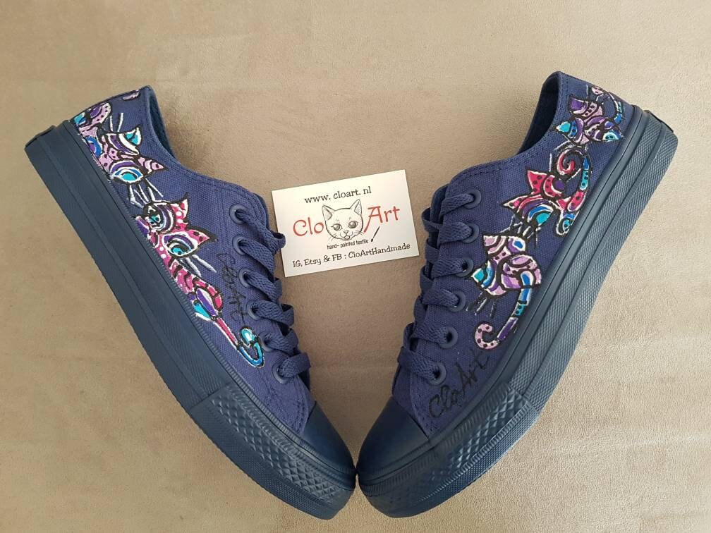 Blue Painted Cats Tie Sneakers Cats Painted Sneakers Love Etsy UK