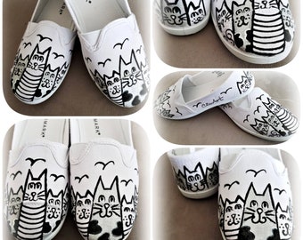Painted black cats sneakers, Painted white cats shoes, Art cats, Black cats slip on, painted cats shoes, Cat lovers gift, funny cats gift