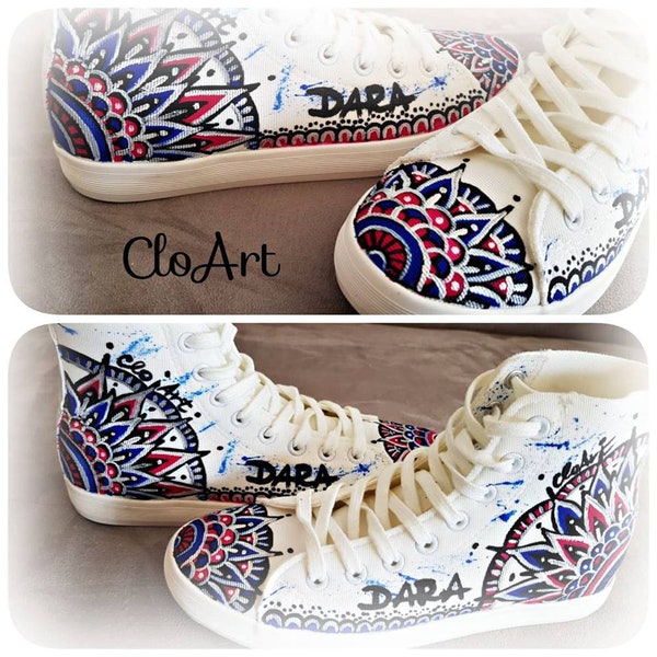 Sneakers mandala blu, Sneakers in tela dipinte a mano, Sneakers alte da donna, Scarpe dipinte personalizzate, Sneakers mandala artistici, Arte blu