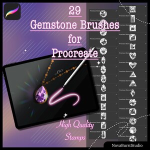 Peut inclure: Brosses d'art numérique pour Procreate. L'image montre une tablette avec un stylet, un motif de pierres précieuses et une liste de 29 brosses de pierres précieuses. Le texte comprend "Gemstone Brushes for Procreate" et "High Quality Stamps."