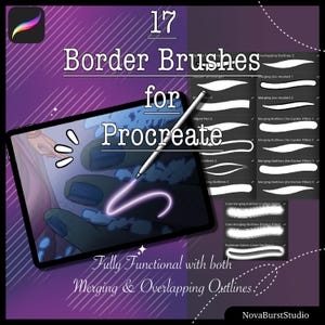 May include: A digital art product advertisement. The image features a tablet with a stylus, showcasing 17 border brushes for Procreate. The text highlights merging and overlapping outlines. The background is purple with white accents.