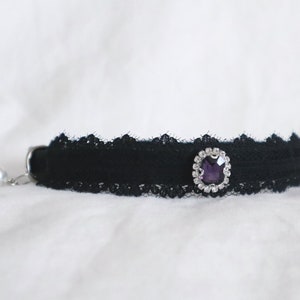 The Victoria Collar - royal victorian goth elegant cat collar with black lace and octagon emerald cut rhinestone gemstone