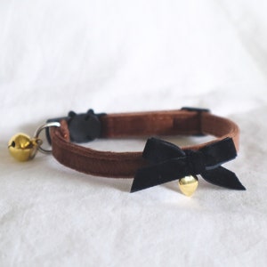 The Colette Collar brown velvet soft collar with small black bow and dainty heart charm small dog boy cat girl cat image 1