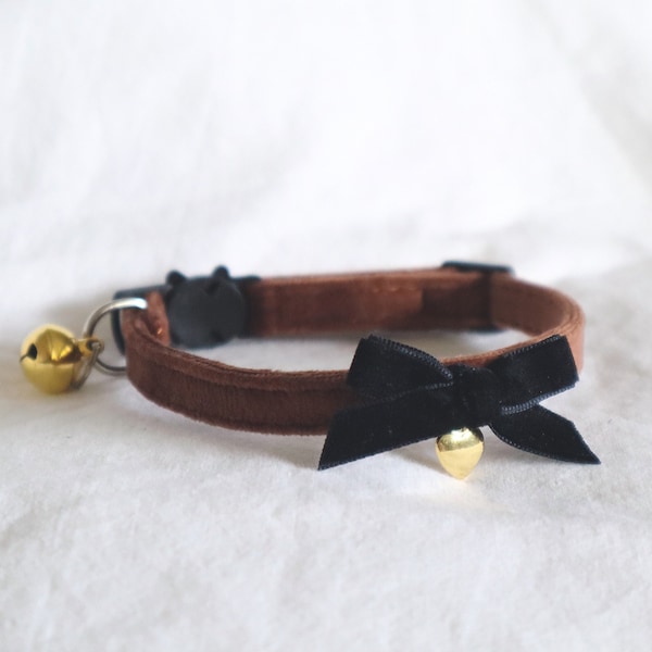 The Colette Collar - brown velvet soft collar with small black bow and dainty heart charm small dog boy cat girl cat