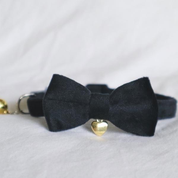 The Darcy Collar - black soft velvet collar with adjustable bowtie and dainty heart charm small dog cat wedding pet collar